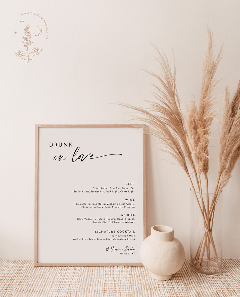 Minimalist Wedding Bar Menu Sign | Drunk In Love 