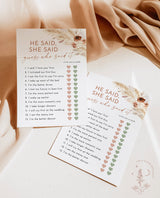 Pampas Grass He Said She Said Game | Boho Bridal Shower Game | Editable Guess Who Said It Bridal Game | Arched Bridal Shower Game | A4