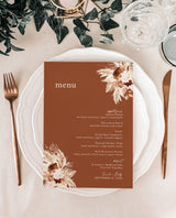 Pampas Grass Wedding Menu Template | Terracotta Wedding Menu | Burnt Orange Wedding | Boho Menu Template | Bohemian Wedding Menu | A4