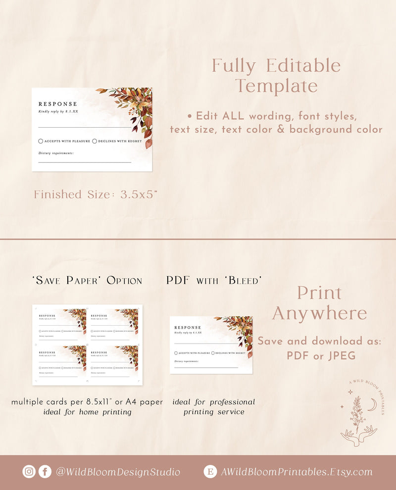 Fall Wedding RSVP Card | Terracotta Wedding Invitation Insert Card 
