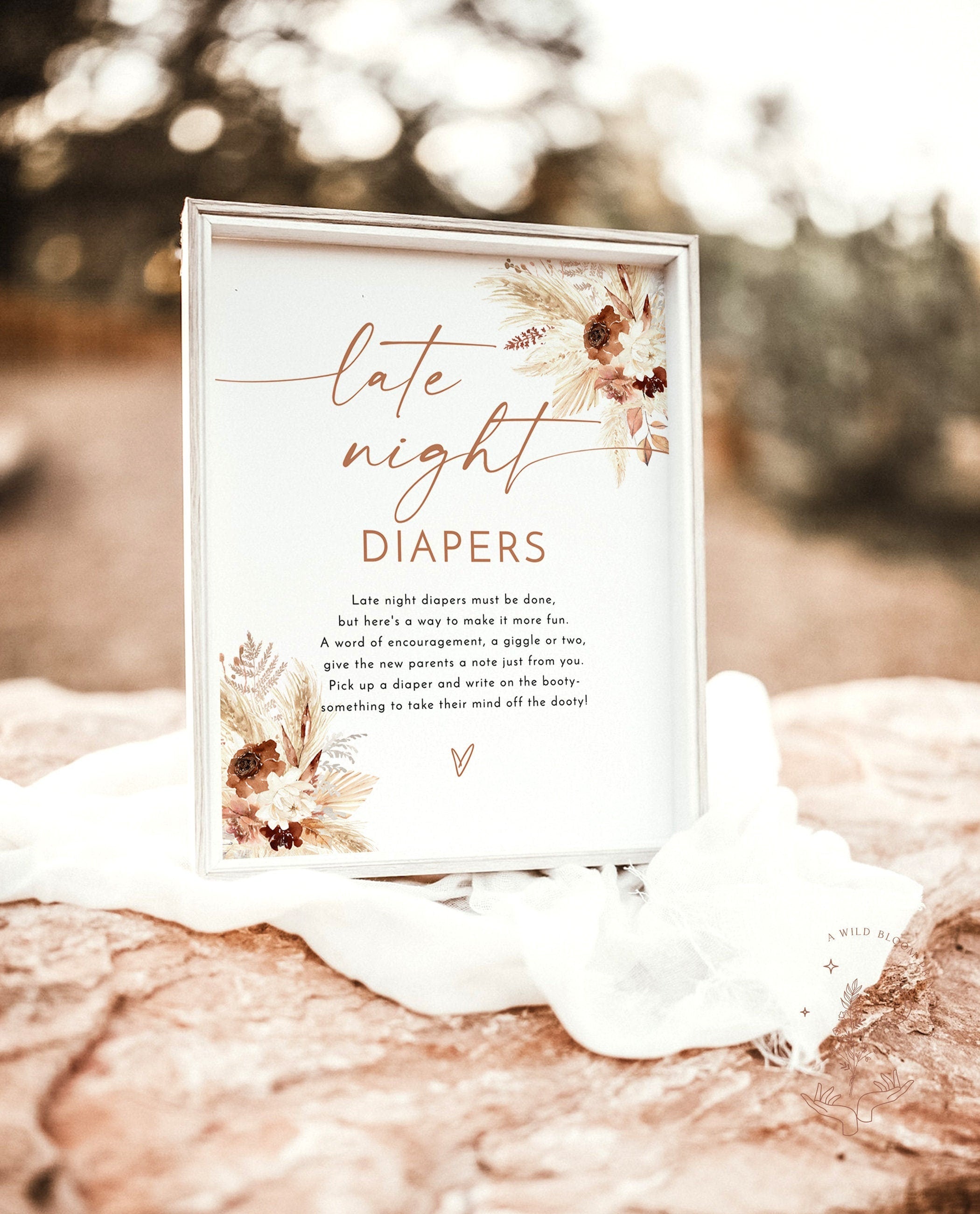 Late Night Diapers Template Sign  Boho Baby Shower Game – Wild