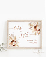 Boho Books and Gifts Sign | Minimalist Baby Shower Sign Template | Terracotta Baby Sign | Pampas Grass | Bohemian Baby Shower Sign | A4