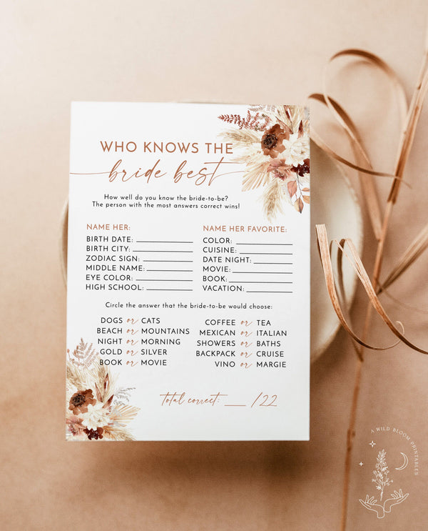 Who Knows The Bride-To-Be Best Game | Boho Bridal Trivia Shower Game | Bohemian Bridal Shower Game | Pampas Grass Bridal Shower Game | A4