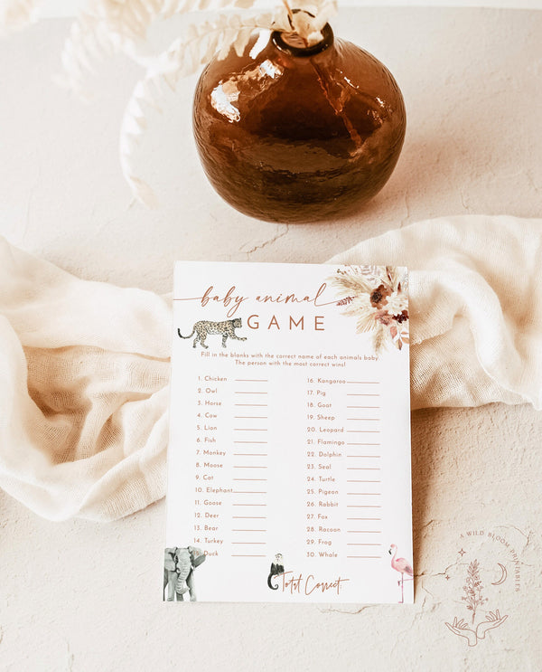 Baby Animal Game | Baby Shower Game | Boho Baby Shower Game Template | Fun Baby Shower Game | Gender Neutral Shower Game | A4