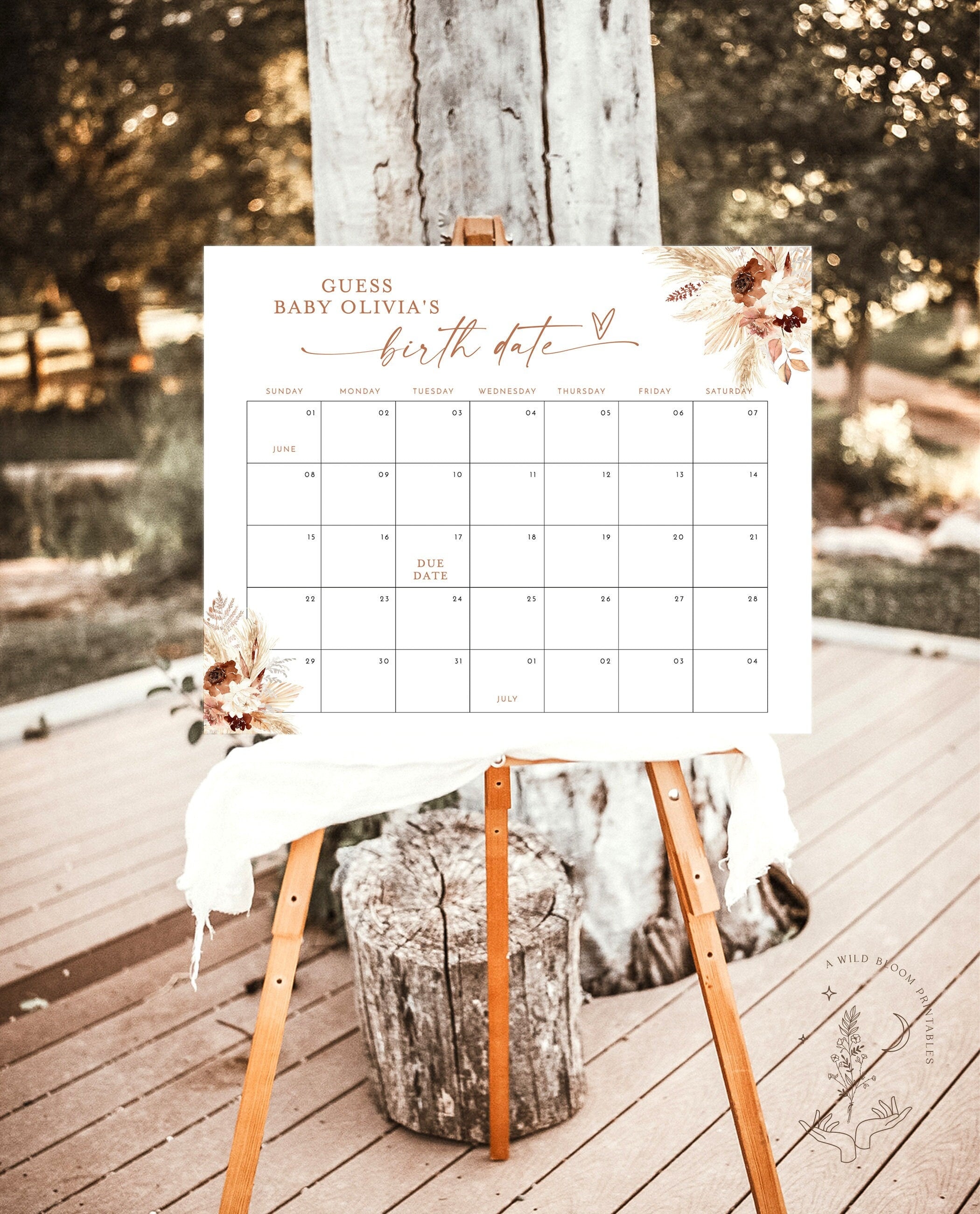 Boho Baby Due Date Calendar Game Fall Baby Shower Game – Wild