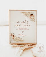 Boho Masks Available Sign | Please Wear A Mask Sign | Pampas Grass Wedding Masks Sign | Covid Wedding Signs | Bohemian Wedding | A4
