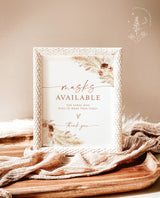 Boho Masks Available Sign | Please Wear A Mask Sign | Pampas Grass Wedding Masks Sign | Covid Wedding Signs | Bohemian Wedding | A4