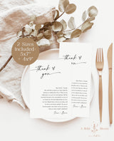 Modern Thank You Letter | Wedding Napkin Note | Wedding Menu Thank You | Editable Template | Minimalist Place Setting Thank You | M9