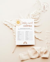 Baby Word Scramble Game Template | Sunshine Baby Shower | Gender Neutral Shower | Boho Rainbow Baby Shower Game | Sun Baby Shower S2