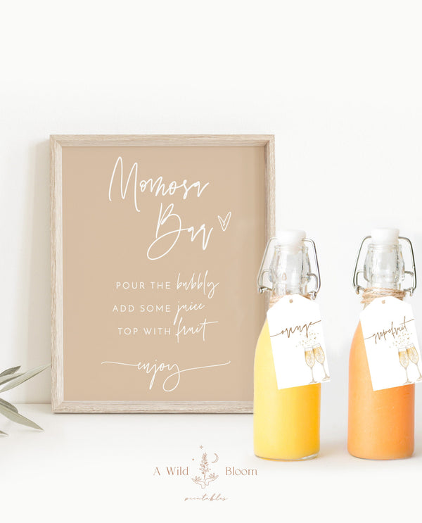 Baby Shower Mimosa Bar Sign | Gender Neutral Baby Shower | Beige Baby Shower Momosa Sign | Mimosa Juice Tags | Modern Bubbly Bar Sign | BM1