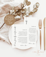 Wedding Menu Thank You | Modern Thank You Letter | Wedding Napkin Note | Editable Template | Minimalist Place Setting Thank You | M9