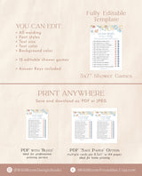 Boho Baby Shower Games | Gender Neutral | Boy Baby Shower Bundle | Modern Floral Baby Shower | Blue Baby Shower Game | Editable Template W8