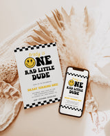 One Rad Dude Birthday Invite Template | Smiley Face Birthday Invite | Boy 1st Birthday | One Happy Dude First Bday | Editable Template | S4