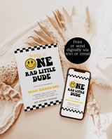 One Rad Dude Birthday Invite Template | Smiley Face Birthday Invite | Boy 1st Birthday | One Happy Dude First Bday | Editable Template | S4