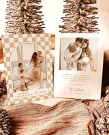 Photo Christmas Card Template | Minimalist Christmas Card | Arch Christmas Card | Boho Checkered Holiday Card | Editable Template C4