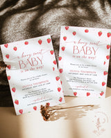 Strawberry Baby Shower Invitation Template | Girl Baby Shower | Berry Sweet Baby on the Way Invite | Gender Neutral | Editable Template | B7