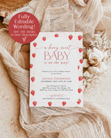 Strawberry Baby Shower Invitation Template | Girl Baby Shower | Berry Sweet Baby on the Way Invite | Gender Neutral | Editable Template | B7