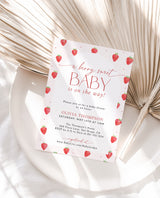 Strawberry Baby Shower Invitation Template | Girl Baby Shower | Berry Sweet Baby on the Way Invite | Gender Neutral | Editable Template | B7