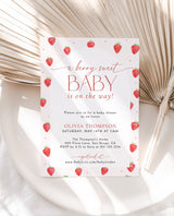Strawberry Baby Shower Invitation Template | Girl Baby Shower | Berry Sweet Baby on the Way Invite | Gender Neutral | Editable Template | B7