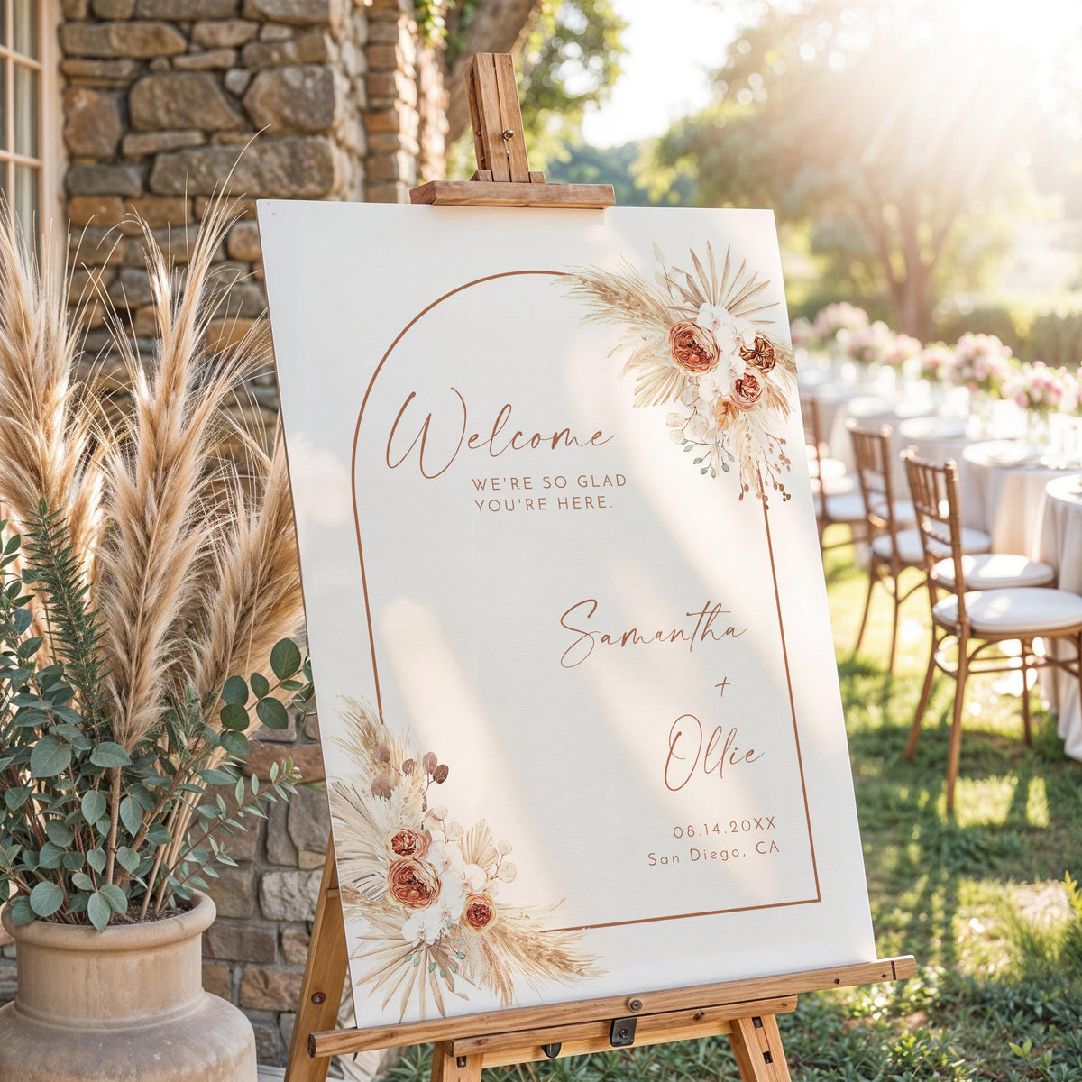Boho Arch Wedding Welcome Sign | Pampas Grass Terracotta Wedding Poster
