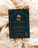 Classic Plaid Baby Shower Invitation with Envelopes | Bear Navy Green