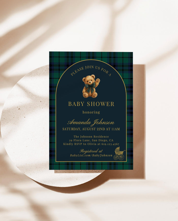Classic Plaid Baby Shower Invitation with Envelopes | Bear Navy Green