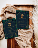 Classic Plaid Baby Shower Invitation with Envelopes | Bear Navy Green