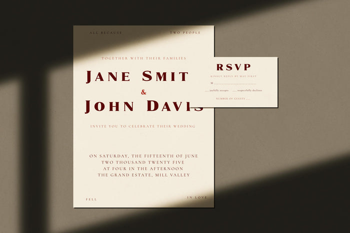 Burgundy Wedding Invitation and Rsvp Set | Minimalist Cream Invite Envelopes
