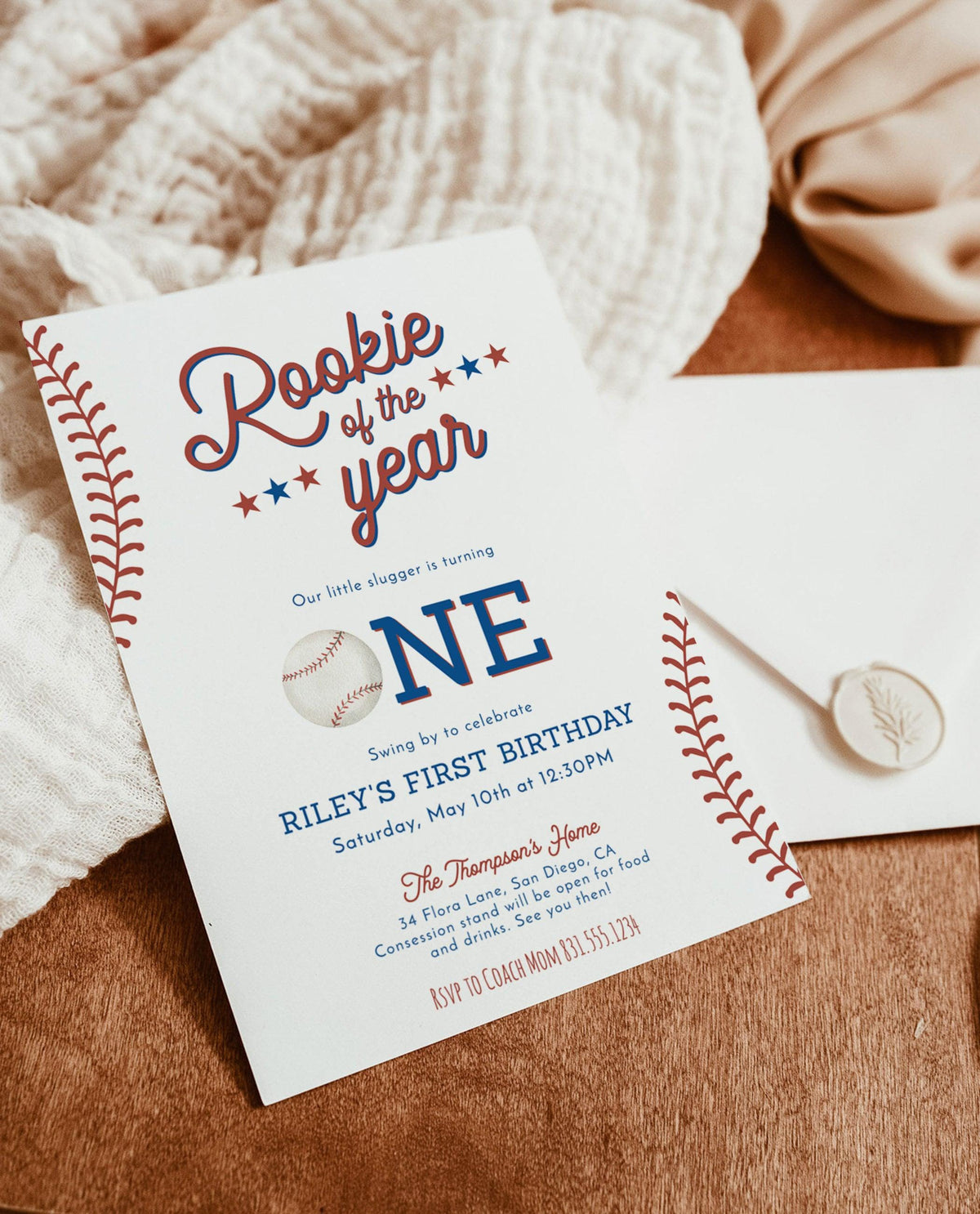 Baseball First Birthday Invitation with Envelopes | Rookie of the Year Boy Invite 5x7