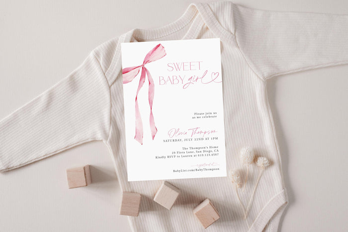 Sweet Baby Girl Baby Shower Invitation | Pink Bow