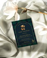 Classic Plaid Baby Shower Invitation with Envelopes | Bear Navy Green