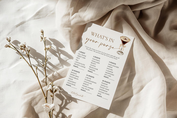 What's In Your Purse Bridal Shower Game | Love is Brewing Espresso Martini