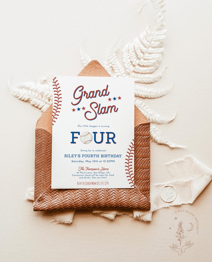 Baseball Fourth Birthday Invitation with Envelopes | Grand Slam Party Boy Invite 5x7