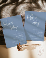 Minimalist Boy Baby Shower Invitation with Envelopes | Blue Boho Hello Baby BM1