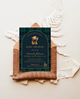 Classic Plaid Baby Shower Invitation with Envelopes | Bear Navy Green