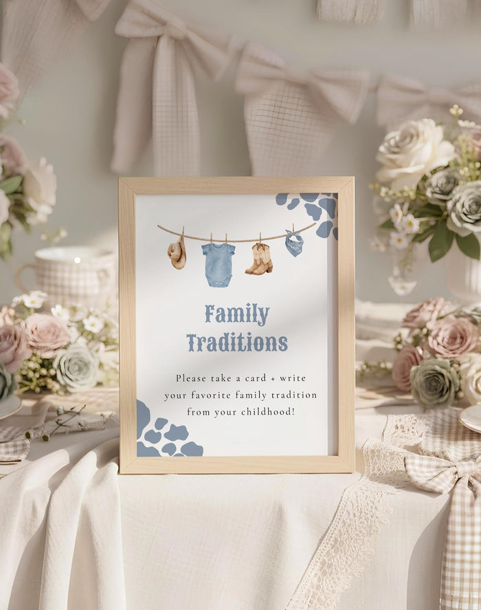 Family Traditions Baby Shower Sign 8x10 | Blue Cowboy Western