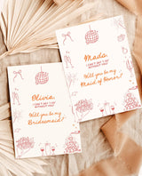 Hand Drawn Bridesmaid Proposal Card with Envelopes | Whimsical Bow Disco Theme