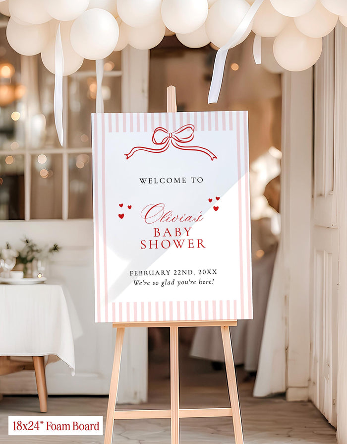Coquette Bow Baby Shower Welcome Sign | Striped Heart Theme