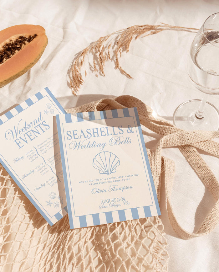 Beach Bachelorette Itinerary Invitation with Envelopes | Seashells And Wedding Bells