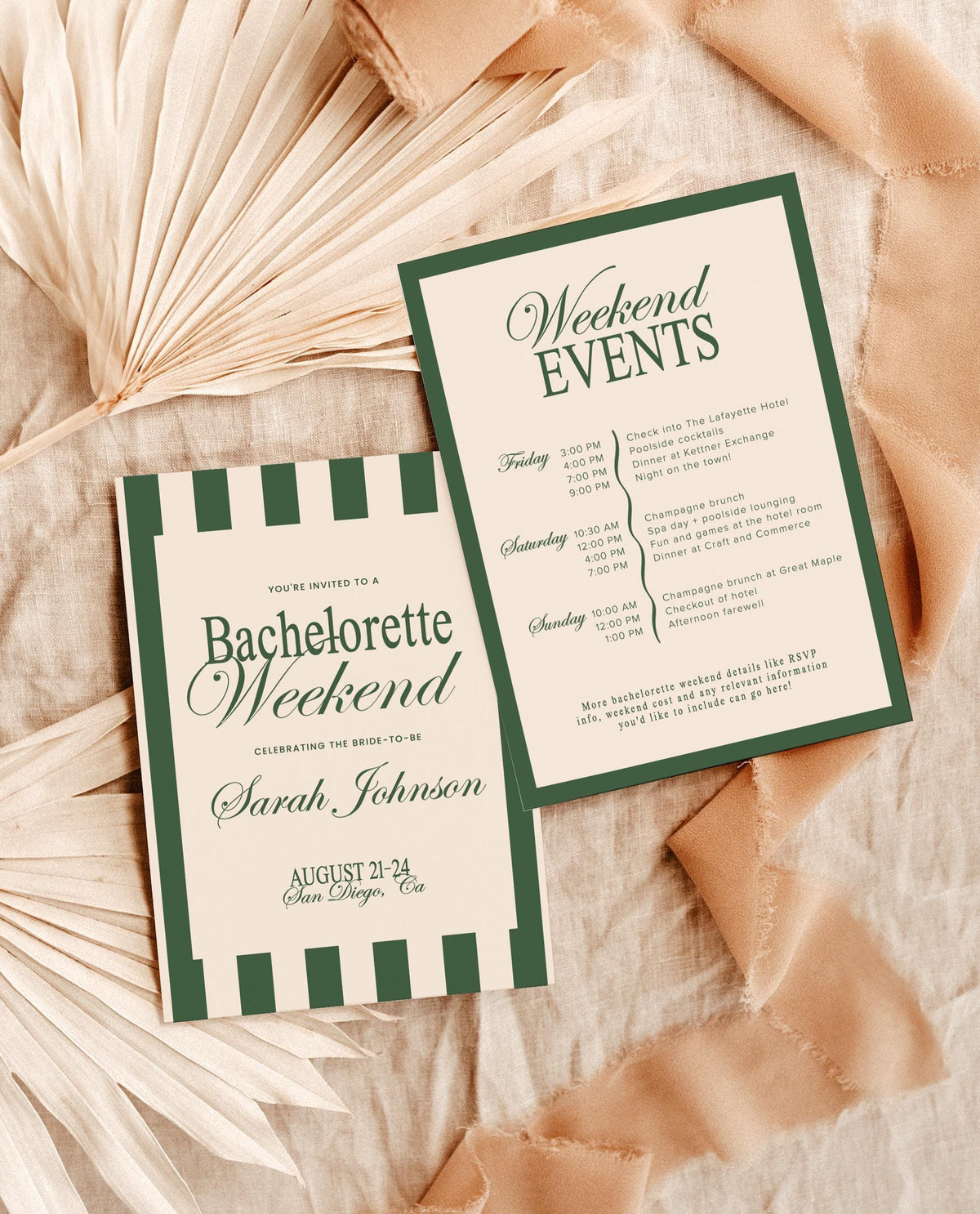 Green Bachelorette Itinerary Invitation with Envelopes | Old Money Green Stripe Elegant