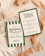 Green Bachelorette Itinerary Invitation with Envelopes | Old Money Green Stripe Elegant
