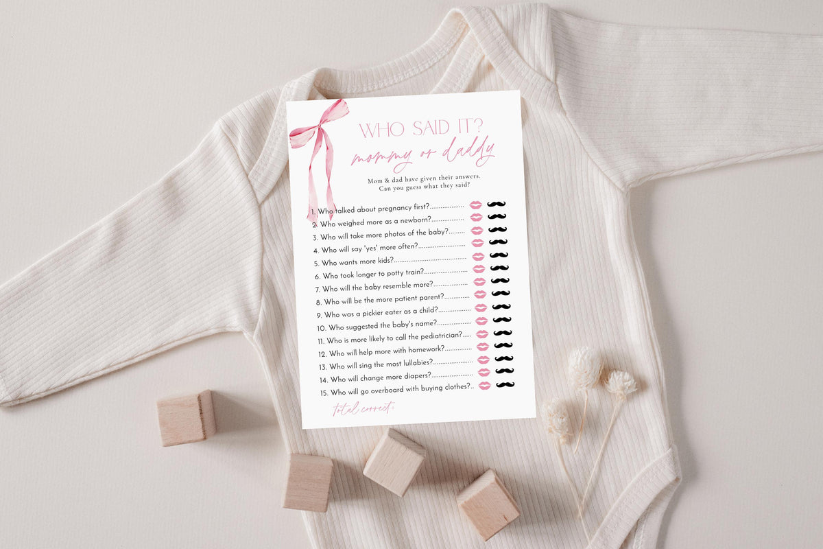 Mommy or Daddy Game Baby Shower Game | Pink Bow