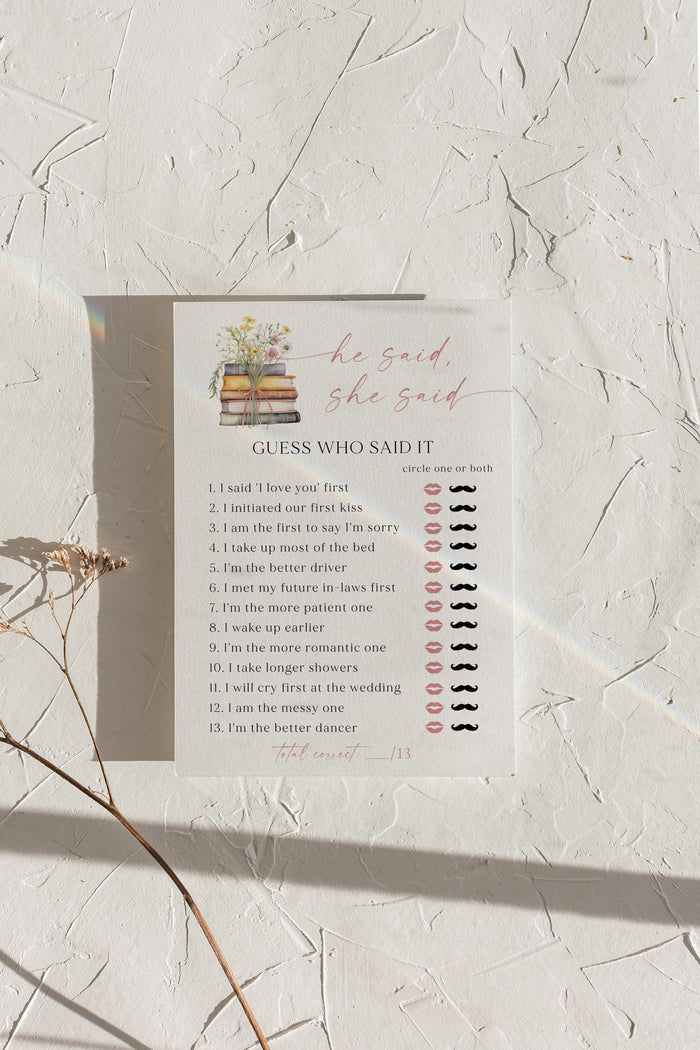 He Said She Said Bridal Shower Game | Wildflower Books Activity