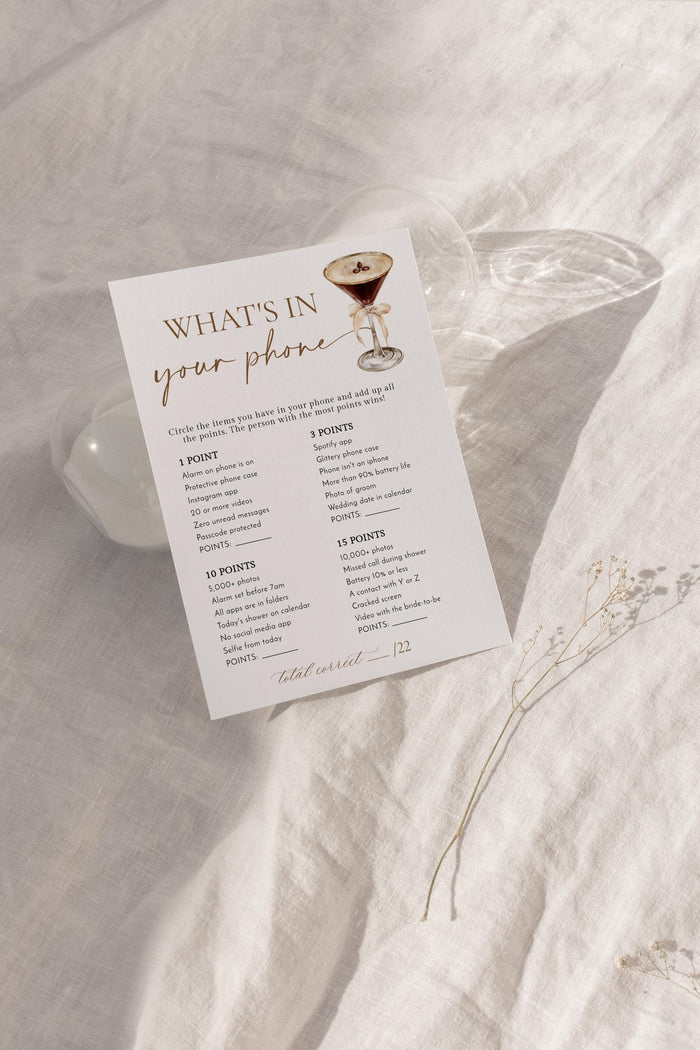 What's on Your Phone Bridal Shower Game | Love is Brewing Espresso Martini