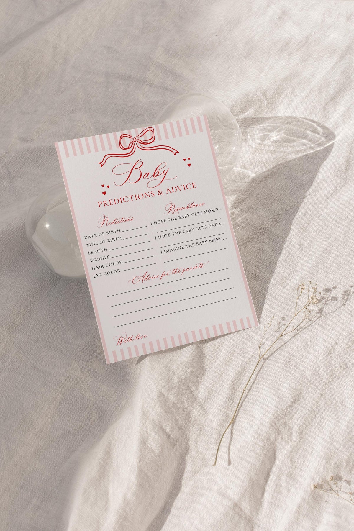 Baby Predictions and Advice Card | Red Bow Shower Pink