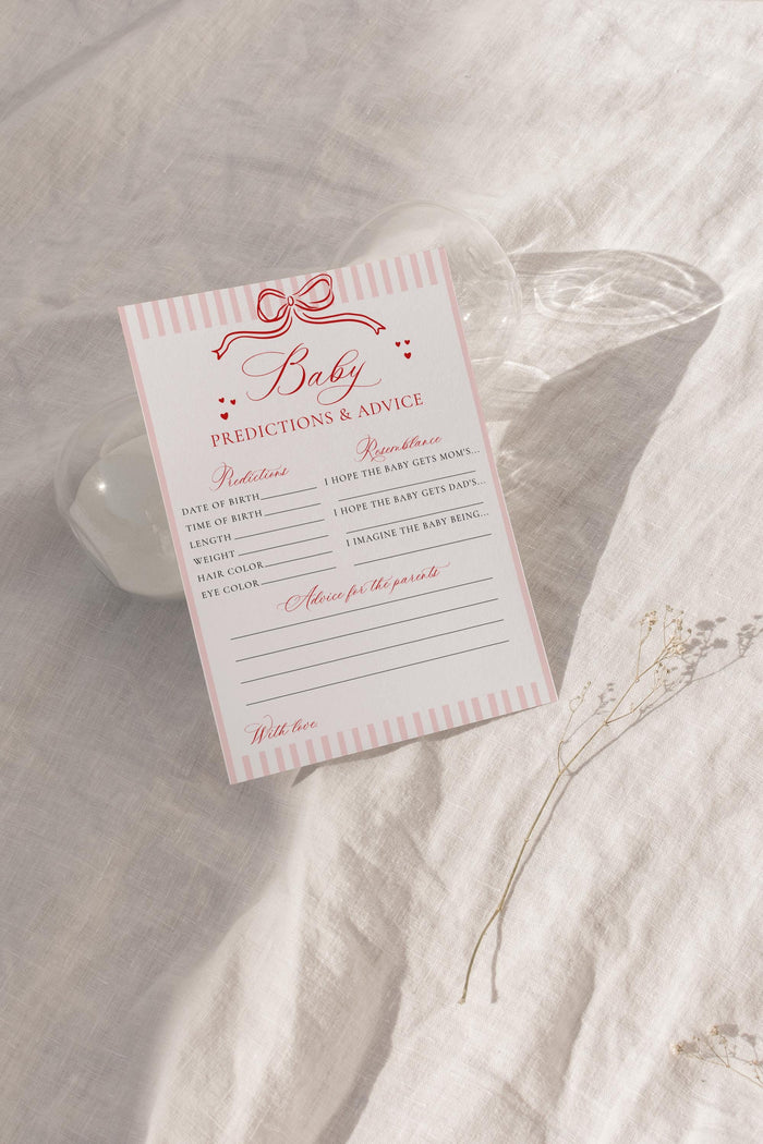 Baby Predictions and Advice Card | Red Bow Shower Pink