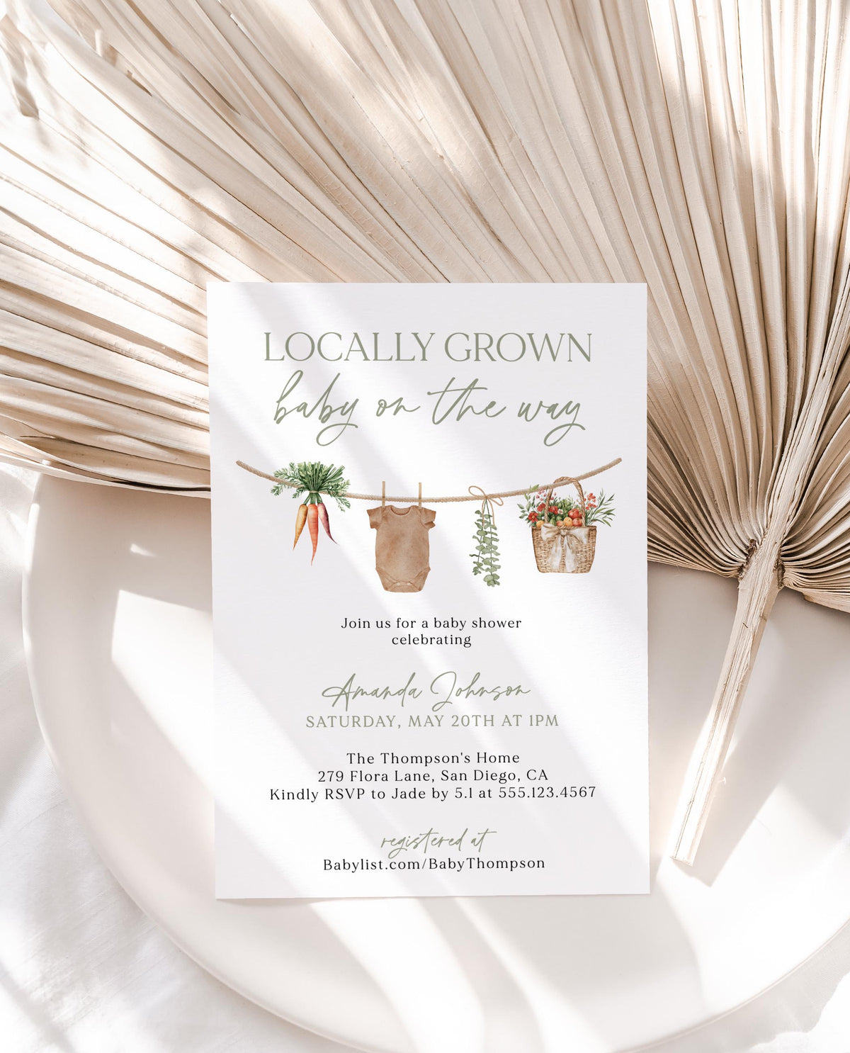 Locally Grown Baby Shower Invitation with Envelopes | Farmers Market Veggie Theme