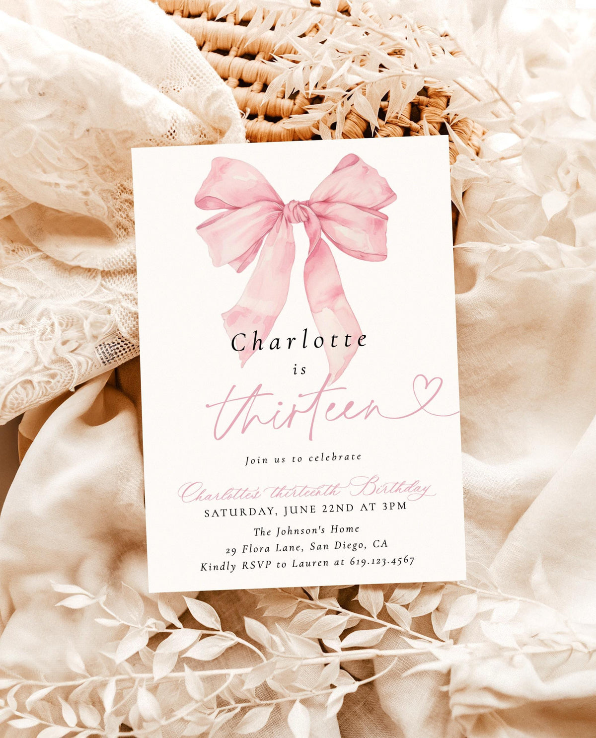 Pink Bow Birthday Invitation with Envelopes | Coquette Elegant Theme