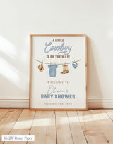 A Little Cowboy On The Way Baby Shower Welcome Sign | Dusty Blue Party - mockup display