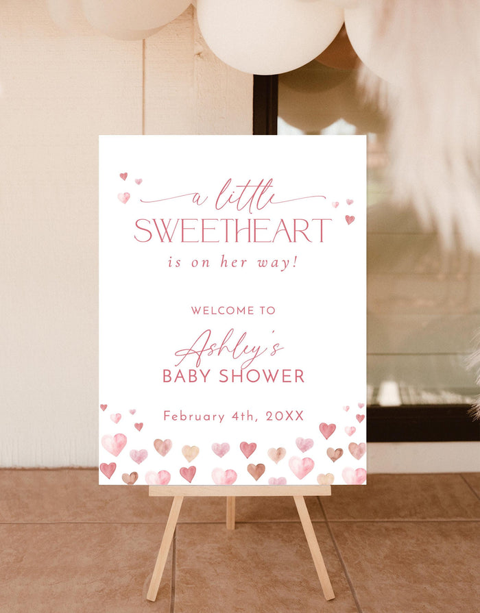 Heart Baby Shower Welcome Sign | Little Sweetheart On The Way Pink Valentines